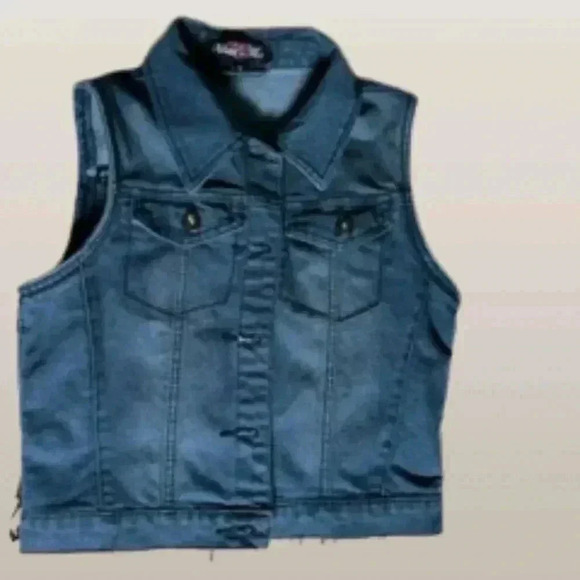 Girls Dark Wash Denim Button Down Collared Jean Vest Girls Sz 10/12 Large - Picture 3 of 11